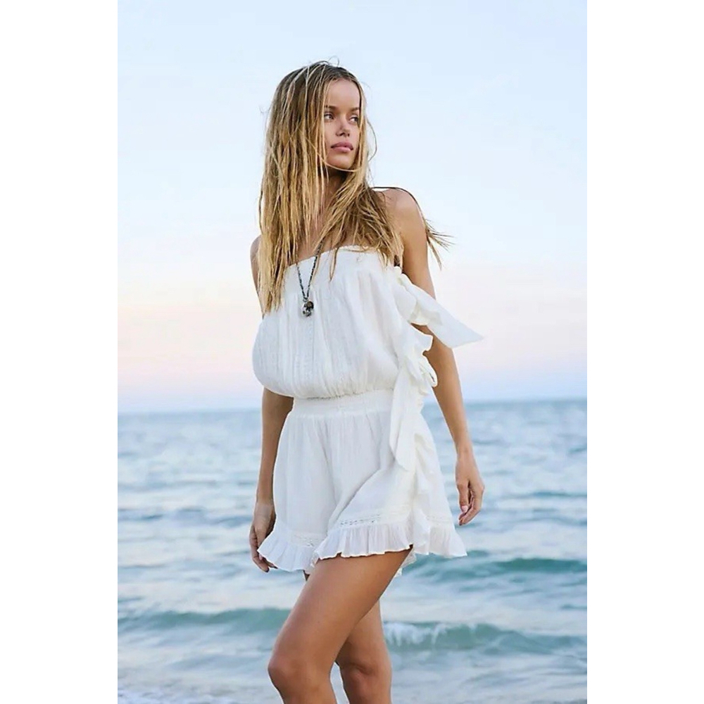 Free People Women’s Feeling Fancy Ruffled Romper Gauzy Cotton Ivory Size XS